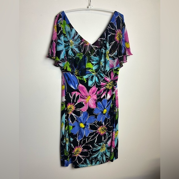 Connected Apparel Midi Dress Plus Sz 16 Floral Ruffle V-Neck Stretch Boho Artsy - Picture 1 of 11
